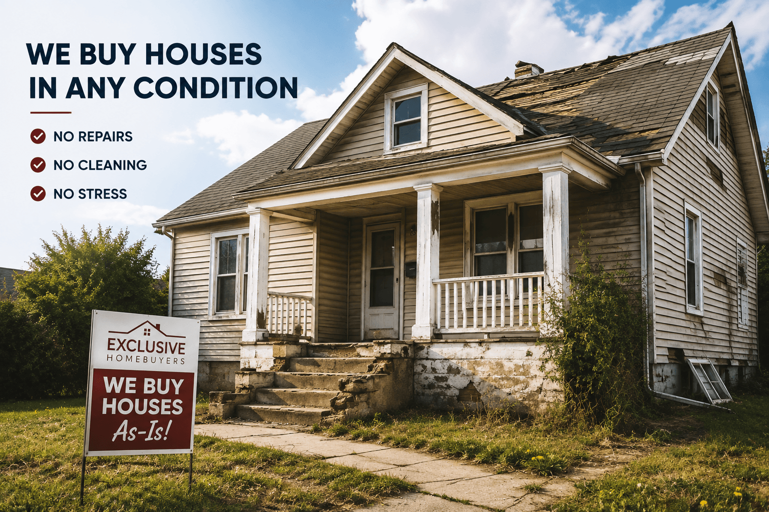 House needing repairs with a message that Exclusive Home Buyers buys houses as-is with no repairs, cleaning, or stress.