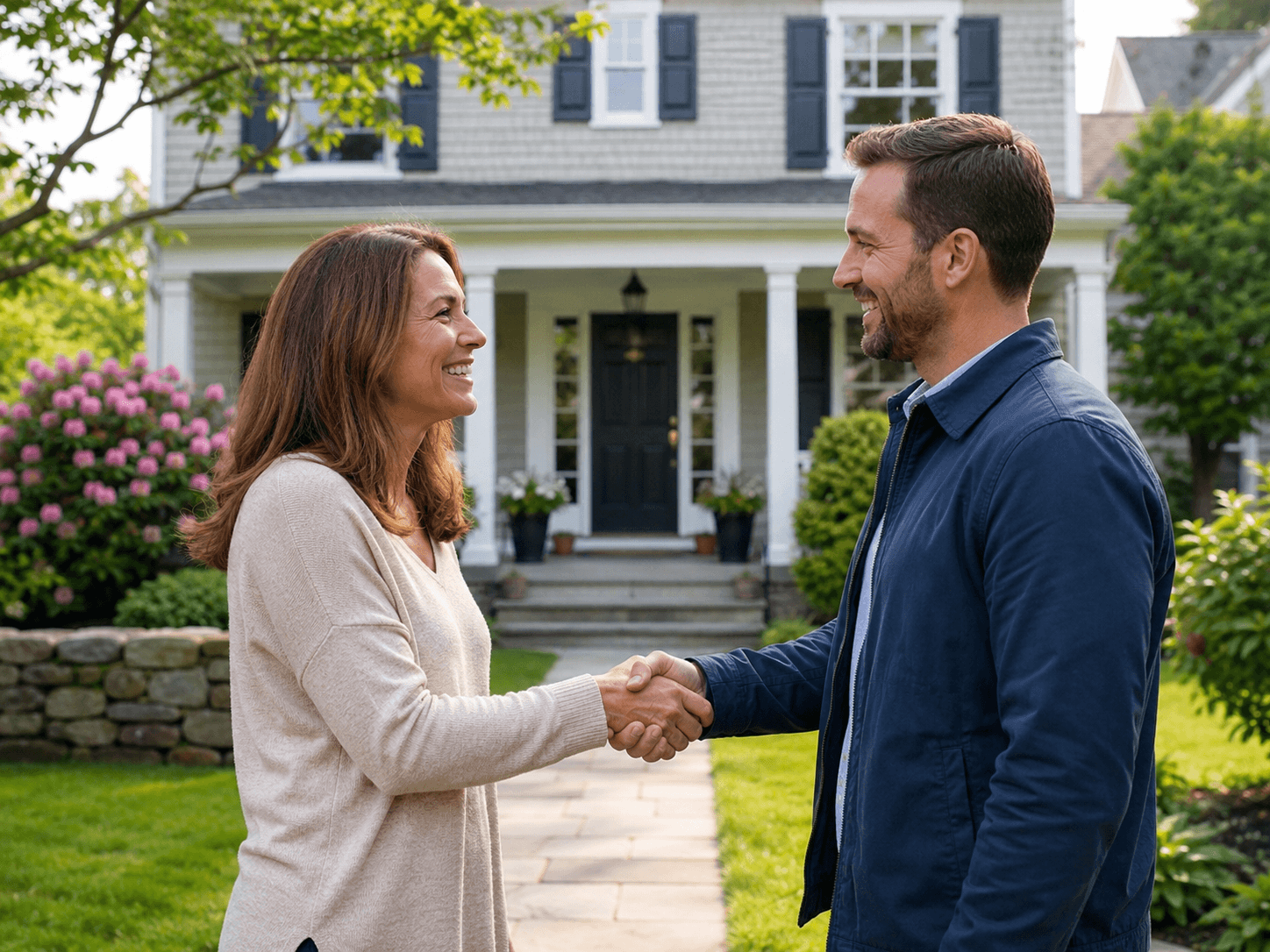 Connecticut homeowner shaking hands with a local home buyer outside a residential property.