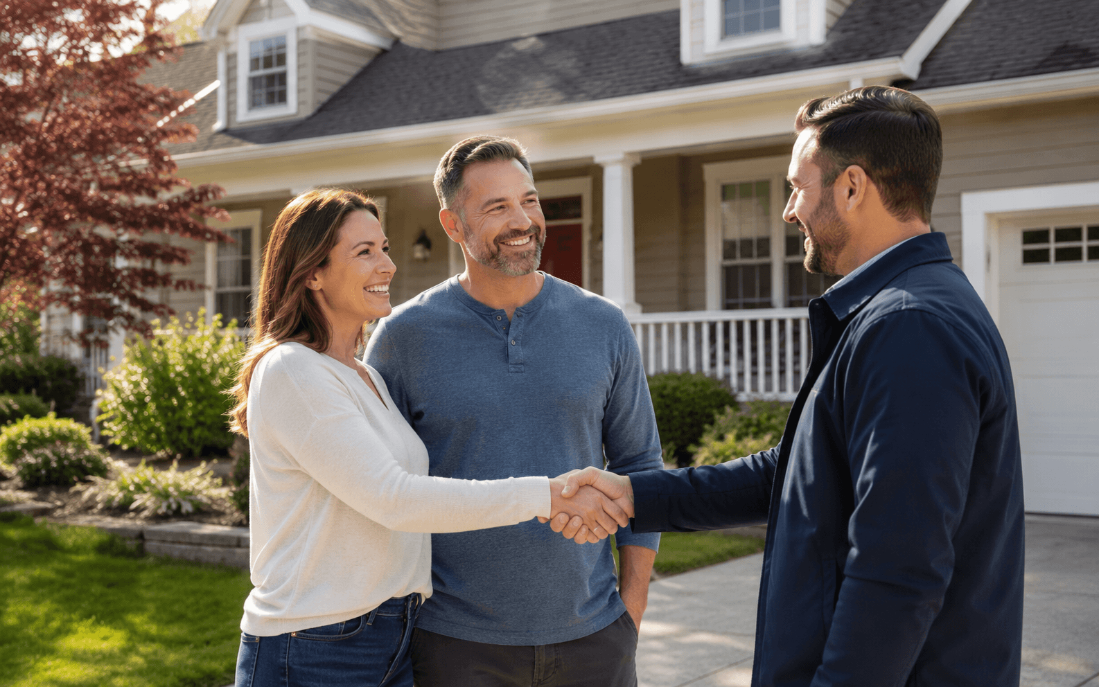 Connecticut homeowners shaking hands with a local cash home buyer outside their house.