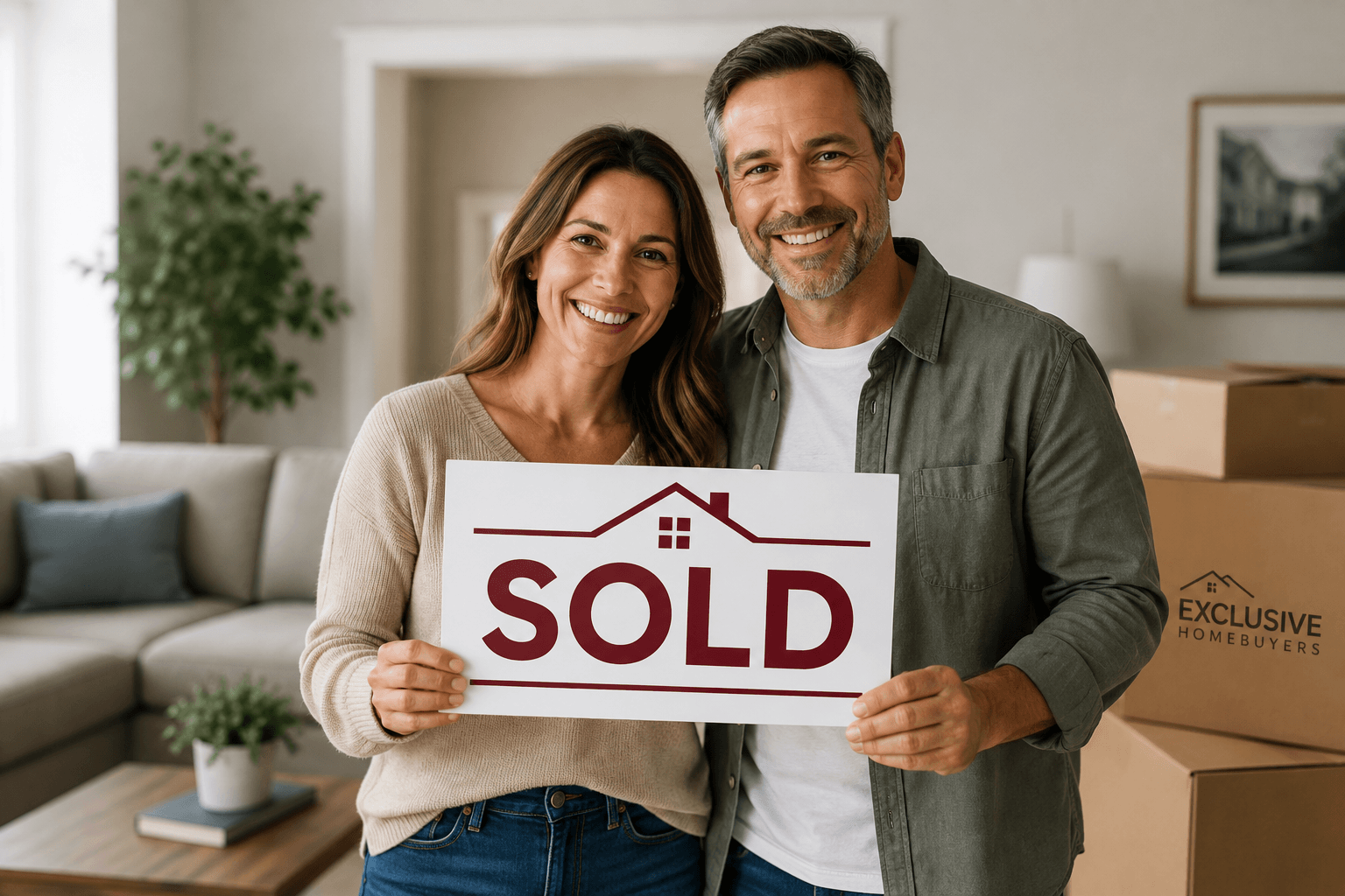 Happy homeowners celebrating the sale of their house with a sold sign.